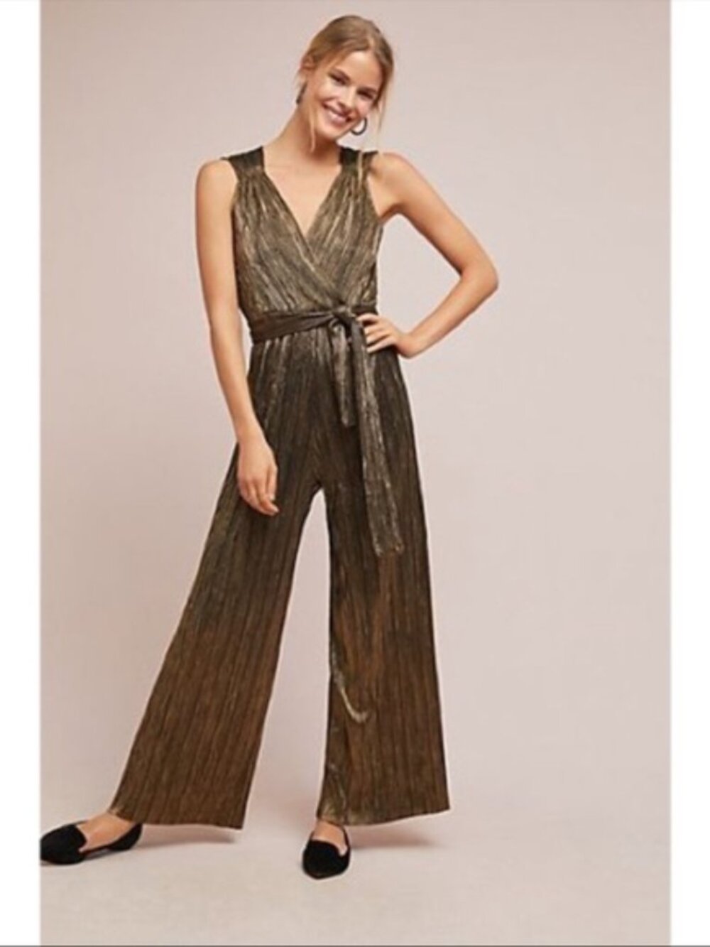 Vanessa Virginia for Anthropologie Pont Neuf gold metallic pleated jumpsuit